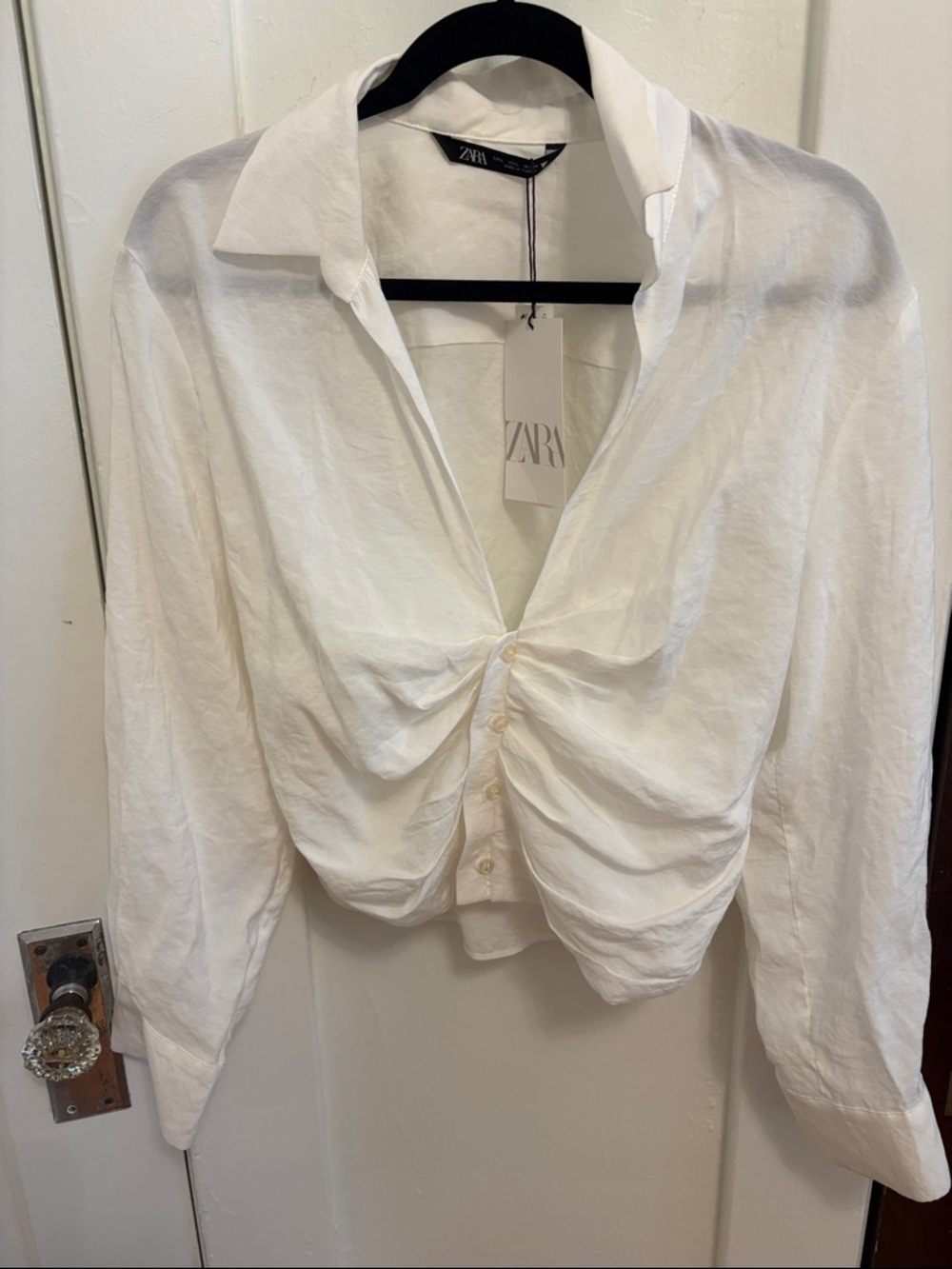 Zara White Twist-Front Button-Down Blouse